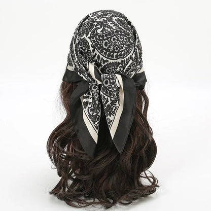 Fashion Bohemian Style Floral Print Women’s Square Silk Scarf Satin Head Wrap Tropical Leaf Flower Design Scarves Bandana Hijab