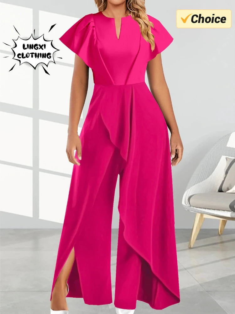 2024 Summer New Elegant Women's V-neck Irregular Jumpsuit Solid Color Short Sleeved Long Style Banquet Women's Jumpsuit