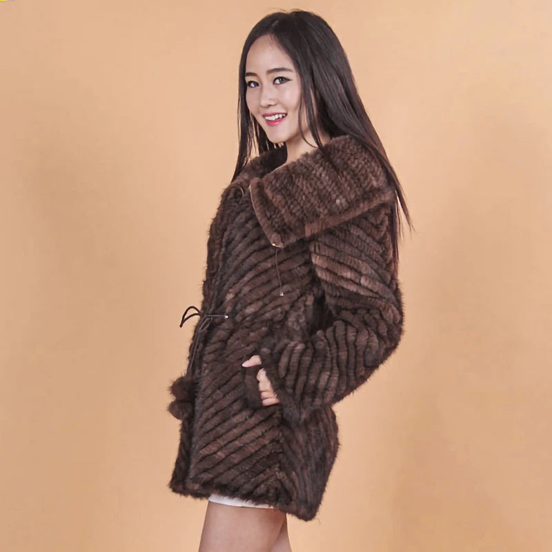 2026 Winter Women's Genuine Real Natural Knitted Mink Fur Coat Overcoat Hoody Outerwear Coats Long Coat