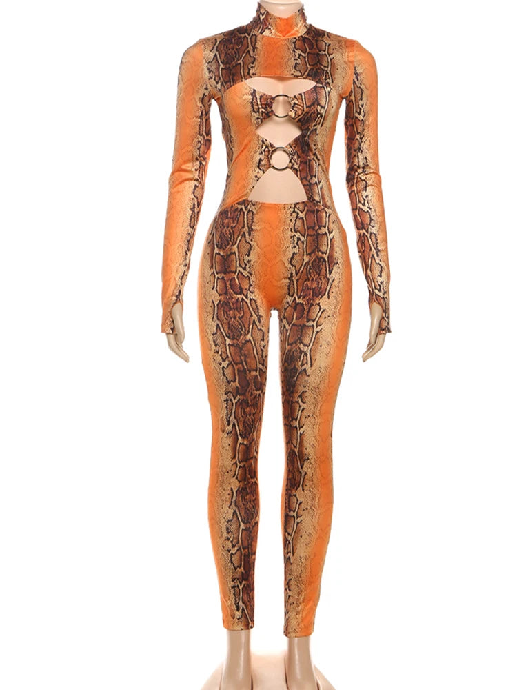 Nibber Peach Hip Jumpsuits Woman Sexy Hollow Serpentine Print o-Neck Full Sleeve Skinny Midnight Club Party Coquette Overalls