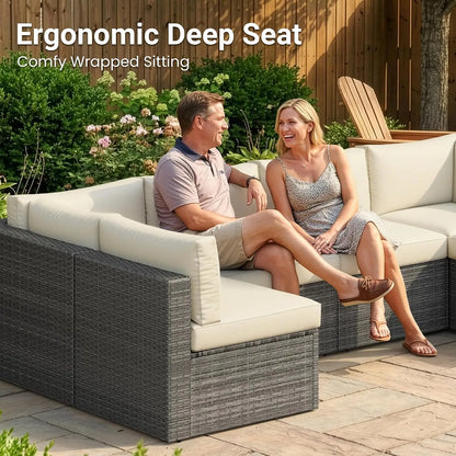 7 Pieces Wicker Outdoor Patio Furniture Set | Patio Sectional Sofa with Coffee Table, All-Weather Outdoor Sectional, Custom