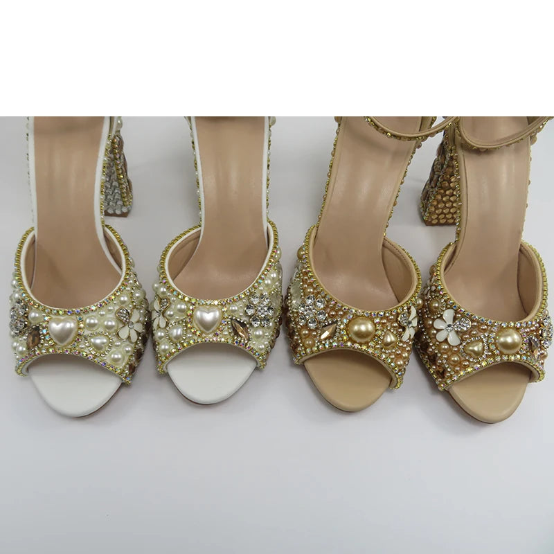Luxury cyrstal wedding shoes with matching bags woman fashion Thick heel Women party dress shoes Fish beak Women shoes