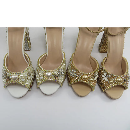 Luxury cyrstal wedding shoes with matching bags woman fashion Thick heel Women party dress shoes Fish beak Women shoes