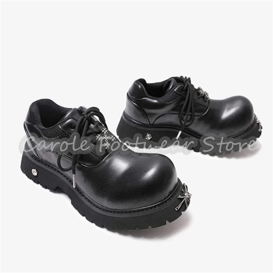 Punk Metal Decor Big Head Lace-Up Sneakers Male Chunky Bottom Height Increase Single Shoes British Style Leather Casual Shoes
