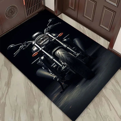 Motorcycle Art Rug for Modern Homes - Stylish Black Bike Design Carpet Perfect for Living Room Decor and Motorcycle Enthusiasts