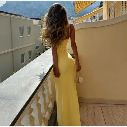 Elegant Women's Backless Yellow Lace Dresses Cross-back Design Long Slim Fit A-line Summer Dress Y2k Vacation Travel Vestido2026
