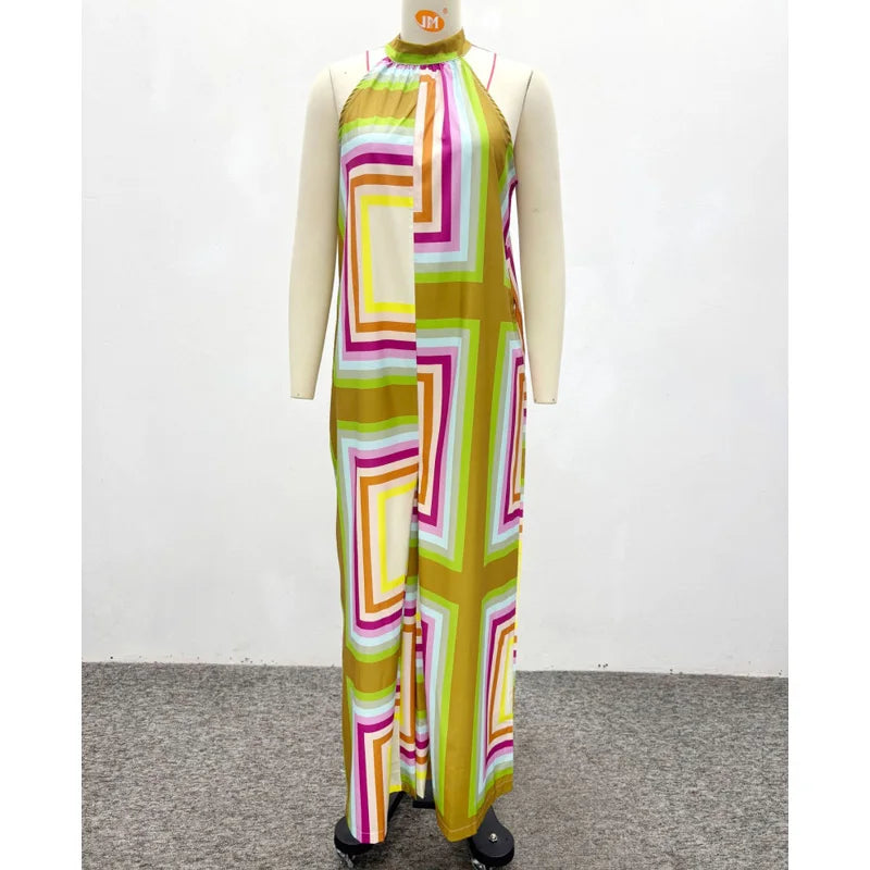 New Design African Fashion Women Jumpsuit Summer Geometric Printed Halter Sleeveless Wide Leg Jumpsuits Oufits Streetwear