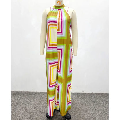 New Design African Fashion Women Jumpsuit Summer Geometric Printed Halter Sleeveless Wide Leg Jumpsuits Oufits Streetwear