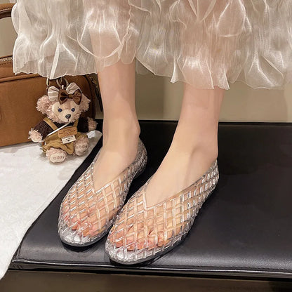 New V-mouth Crystal Jelly Shoes Fashionable, Versatile, Comfortable, Flat Bottom Single Shoes, Casual Sandals for Women