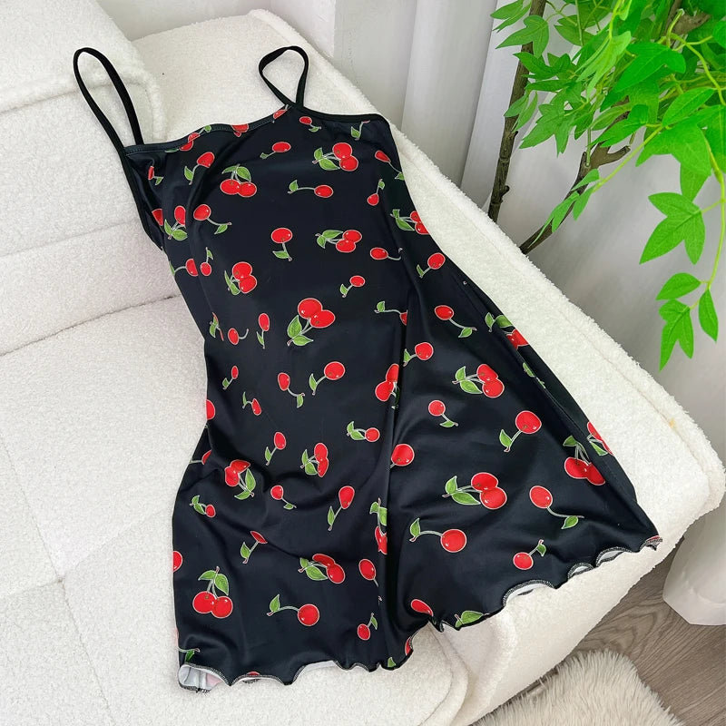 FINETOO Summer Teddy Bear Sleepwear Women Seamless Hearts Butterfly Floral Printed Sleeveless Ruffled Loungewear Cute Nightdress