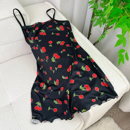 FINETOO Summer Teddy Bear Sleepwear Women Seamless Hearts Butterfly Floral Printed Sleeveless Ruffled Loungewear Cute Nightdress