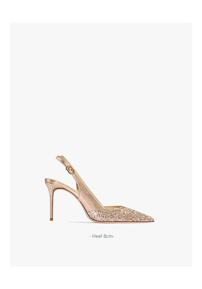 2025 New Summer Luxury Heeled Sandals Gold Sequins Back Strap Pointed Toe Stiletto Pumps Elegant Comfortable Prom Women's Shoes
