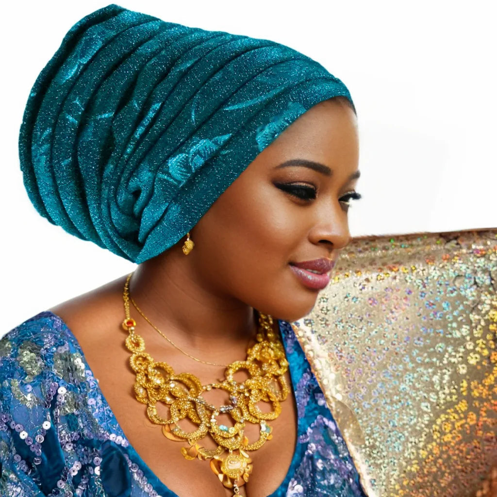 Glitter Full Body Pleated Turban Cap for Women 2025 Lady Head Wraps Muslim Headscarf Hat Turbante Mujer African Headpiece