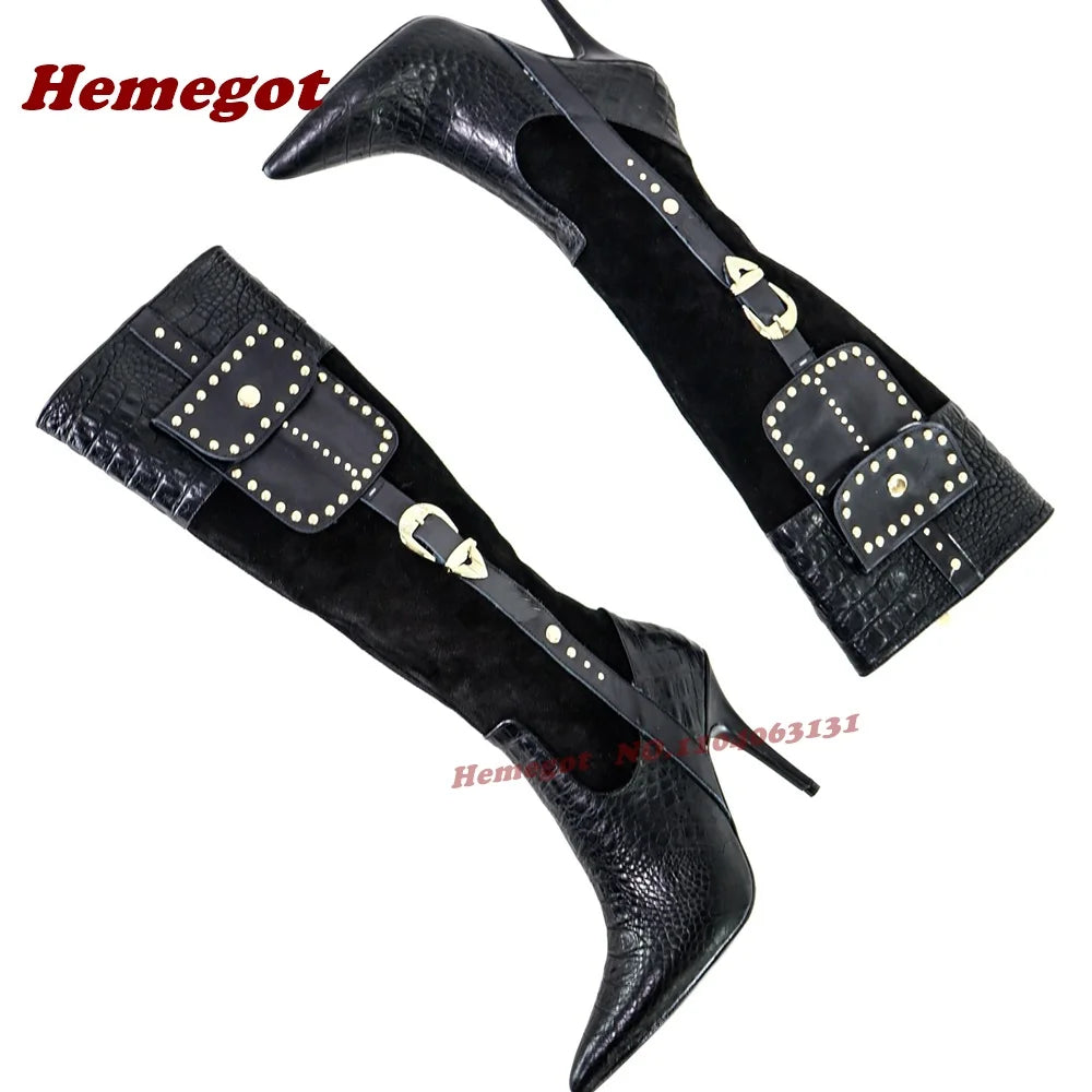 Croc-Pattern Patchwork Knee High Boots Rivet Pocket Stiletto Heels Women's Long Boots Buckled Splicing Casual Shoes 2026 New
