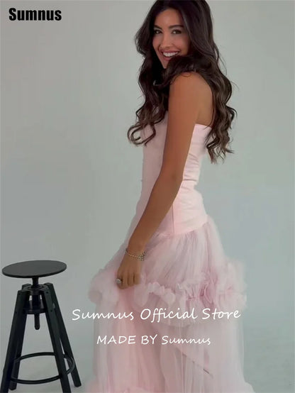Sumnus Elegant A-Line Evening Dresses Pink Halter Ruched Ruffle Maxi Prom Dress Draped Birthday Princess Dress 2026 Customized