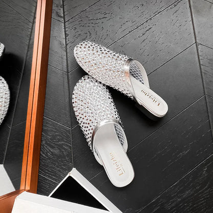 Summer Shoes for Women Slippers Luxury Rhinestone Rivets Casual Sandals Mesh Slip-on Loafers