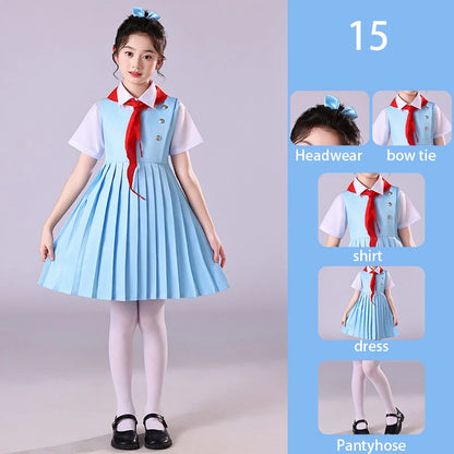 Girls Preppy Style Pleated Jumper Dress Headdress + Bow Tie Pants Suit Children Choir Poetry Performance Fashion School Uniform