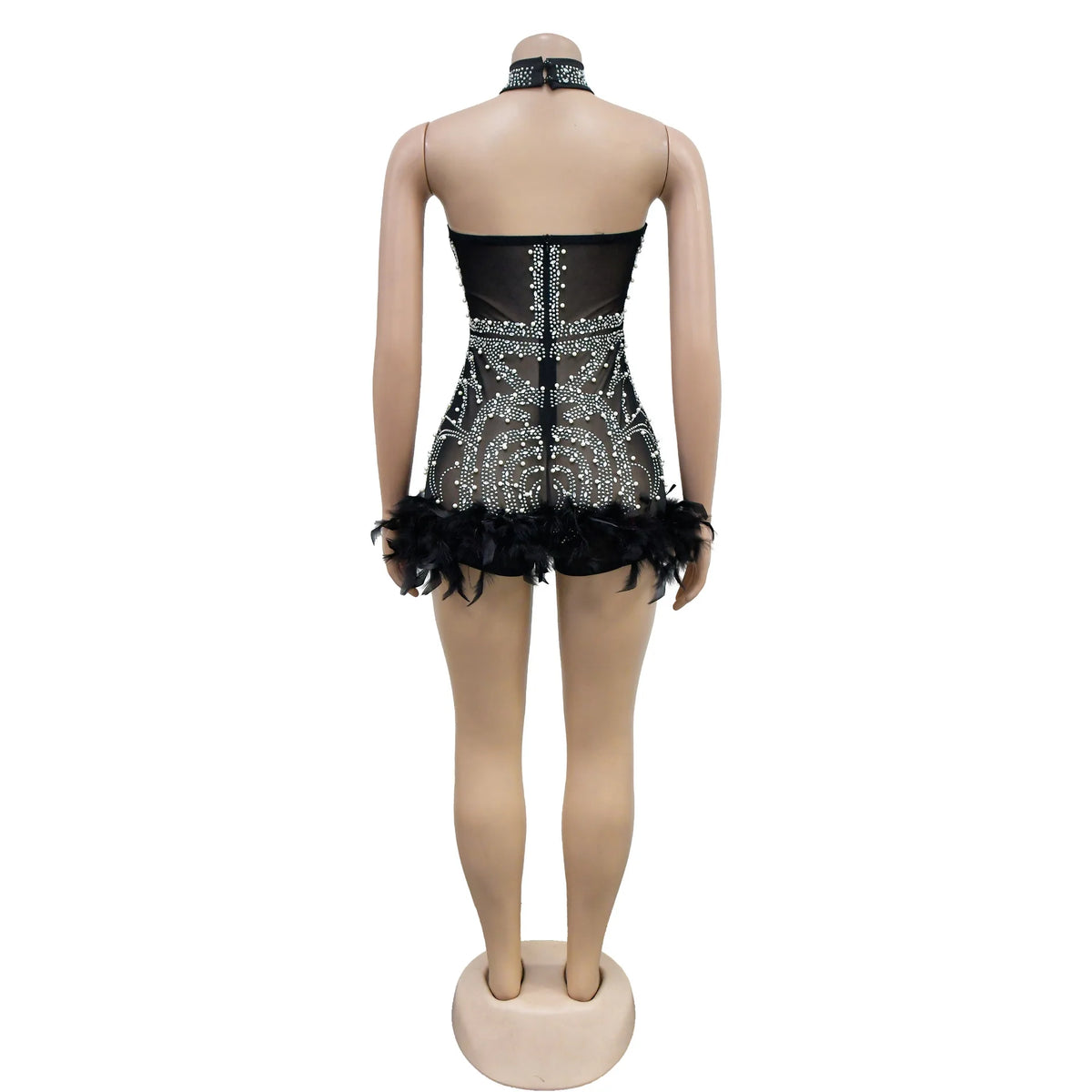 Sexy Bodysuit Women Jumpsuits Rompers Woman Clothes Diamonds 1 Piece Set Playsuit Mesh See Though Feather Female Clothing HXY262