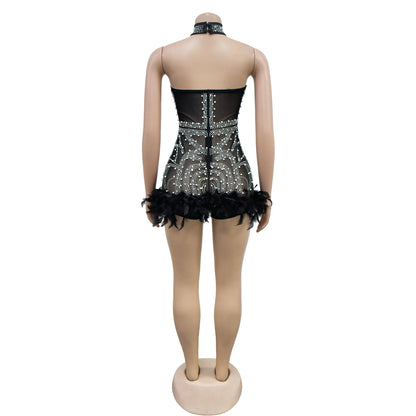 Sexy Bodysuit Women Jumpsuits Rompers Woman Clothes Diamonds 1 Piece Set Playsuit Mesh See Though Feather Female Clothing HXY262