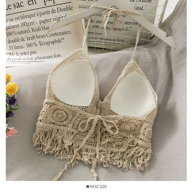 2026 Crop Tops Retro Wild Hollow Perspective Tassel Sexy Spaghetti Strap Tanke Top Women Built In Bra New Back Lace Halter Neck