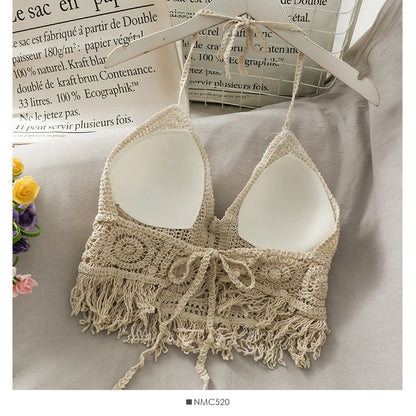 2026 Crop Tops Retro Wild Hollow Perspective Tassel Sexy Spaghetti Strap Tanke Top Women Built In Bra New Back Lace Halter Neck