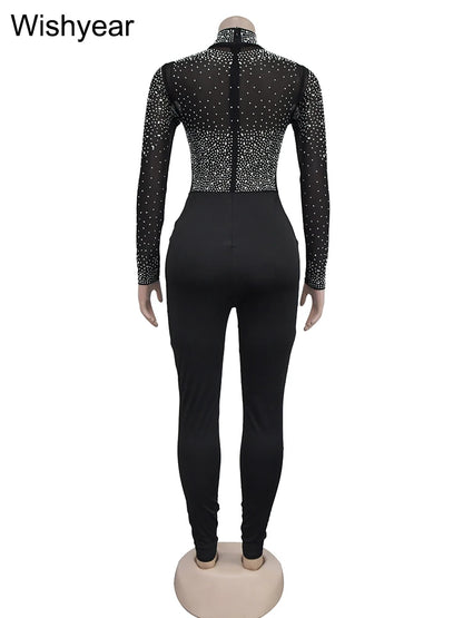 Wishyear Sexy Mesh See Through Rhinestone Black Jumpsuits Women One Piece Outfits Bodycon Long Sleeve Birthday Rompers Clubwear