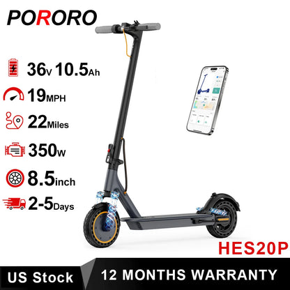 PORORO Electric Scooter 350W 19mph Max Speed APP Smart Control Dual Shock Absorption & Dual Suspension 22miles Max Range For City Commuter