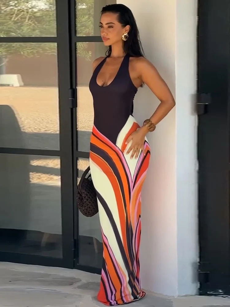 Sexy Print Women Long Dress Party Deep V-neck Sleeveless Backless Hip Package Female Dresses 2026 Summer Holidays Lady Robe