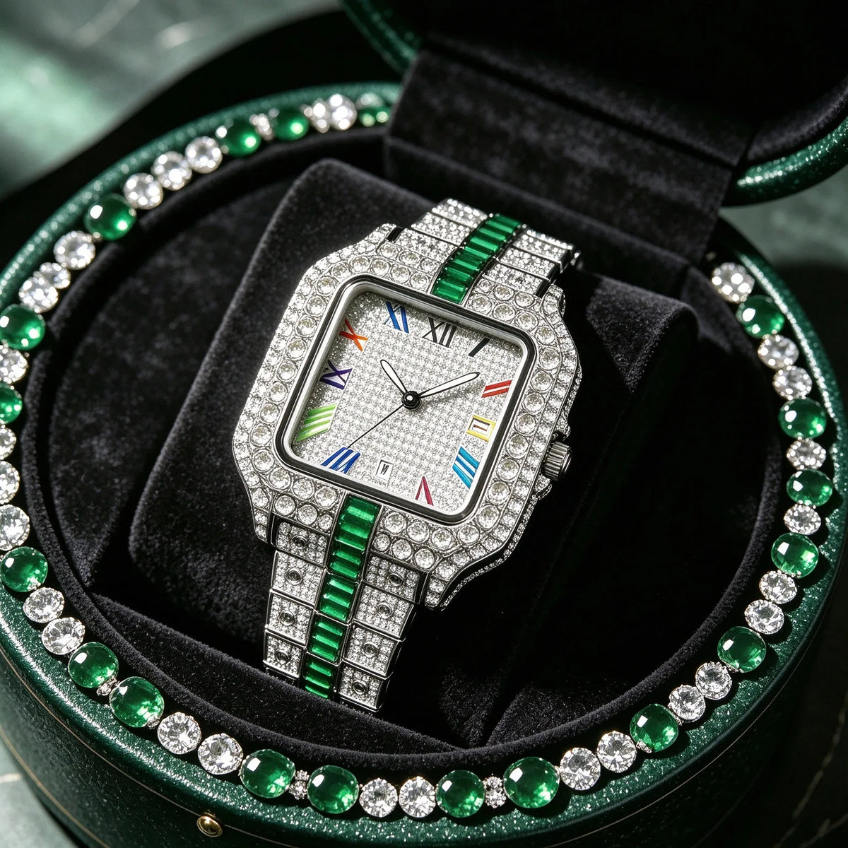 European Full Diamond Men's Quartz Watch with Waterproof Square Case and Hot Fashion Fold Clasp Style