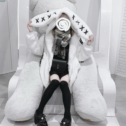 Mauroicardi Autumn Winter Sweet Cute Kawaii Soft Thick Warm Black Faux Fur Coat Women with Bunny Ears Cute Fluffy Jacket Hoodie