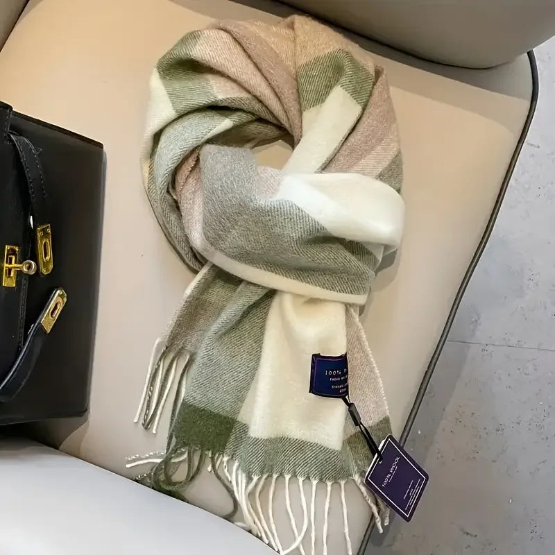 2025 Women 100% Wool Scarf Luxury Plaid Cashmere Handkerchief Warm Winter Female Shawl Pareo Soft Bufanda British Korean
