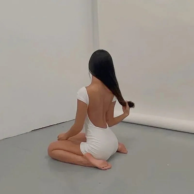 Backless Rompers Women Playsuit Short Jumpsuit Square Collar Monos Mujer Elegante Solid Bodysuit Backless One-pieces Y2k Clothes