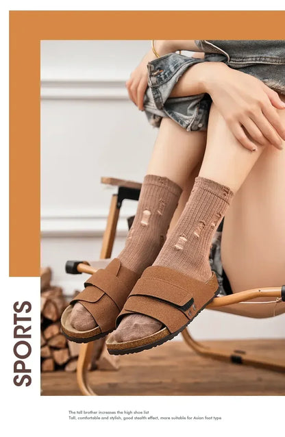 Cork Slippers Men Summer Beach Slides Suede Leather Womens Flat Sandals Fashionable Outdoor Male Mules Non Slip Babouche Femm