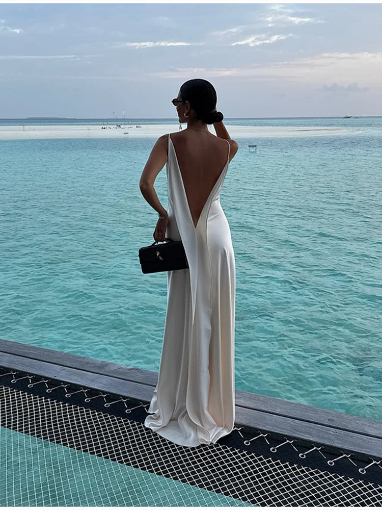 Luxury White Satin Backless Veatido Women Sexy Spaghetti Strap V-neck High Split Midi Dress Vacation Evening Party Beach Outfits