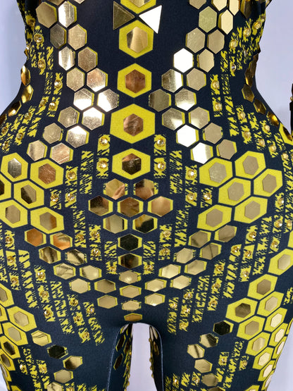 Women Performance Costumes Printed Sequines Rhinestones Spandex High Elastic Bodycon Jumpsuits Nightclub Evening Party Dress