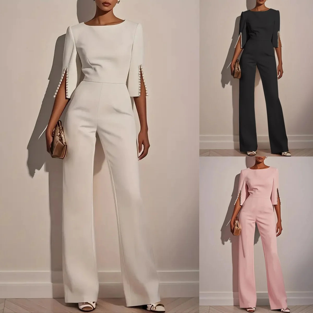 Women Round Neck Pearl Sleeve Wide Leg Jumpsuit Elegant Office Lady Fashion Spring Autumn