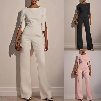 Women Round Neck Pearl Sleeve Wide Leg Jumpsuit Elegant Office Lady Fashion Spring Autumn