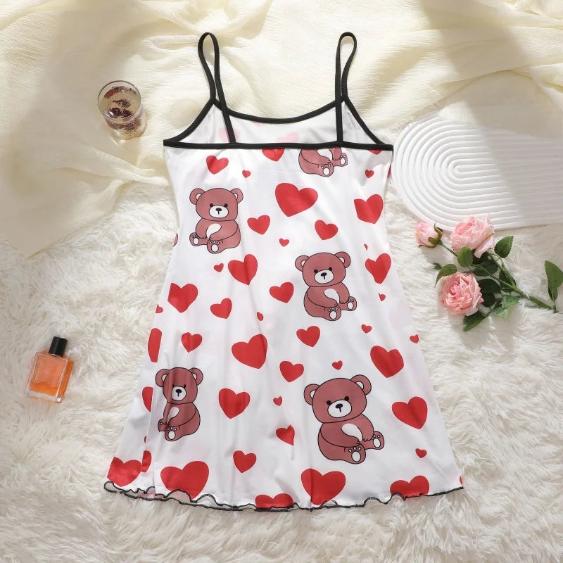 FINETOO Summer Teddy Bear Sleepwear Women Seamless Hearts Butterfly Floral Printed Sleeveless Ruffled Loungewear Cute Nightdress