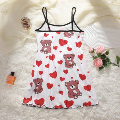 FINETOO Summer Teddy Bear Sleepwear Women Seamless Hearts Butterfly Floral Printed Sleeveless Ruffled Loungewear Cute Nightdress