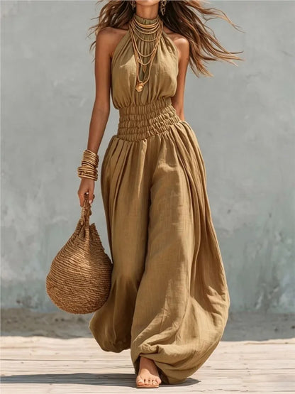 Summer Sexy Halter Sleeveless Pleated Jumpsuit Women Fashion Solid Elastic Waisted Wide Leg Jumpsuit Casual Loose Rompers Street