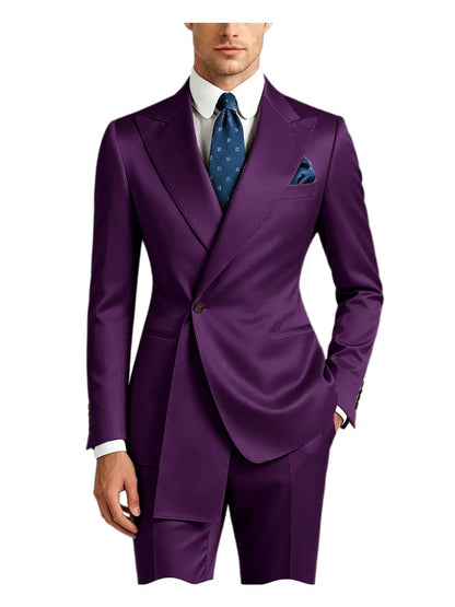 Men's Satin Peak Lapel Tuxedo 2-Piece Suit High Quality Slim Fit One Button Formal Blazer & Pants Luxury Wedding Dinner Suits