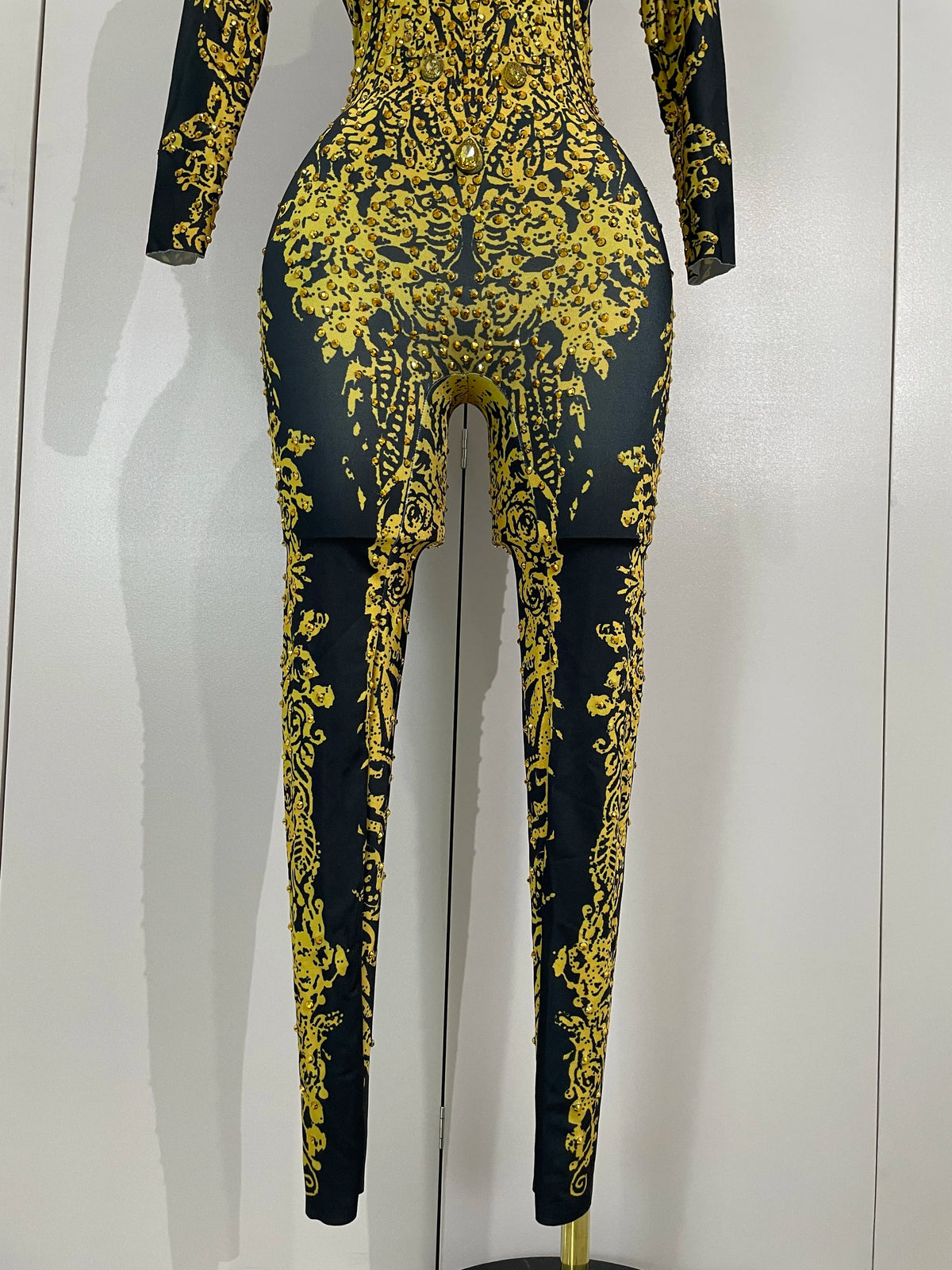Luxury Sparkly Diamonds Print Long Sleeves Stretch Jumpsuit Evning Party Dancer Nightclub Bar DJ Sexy Stage Performance Costumes