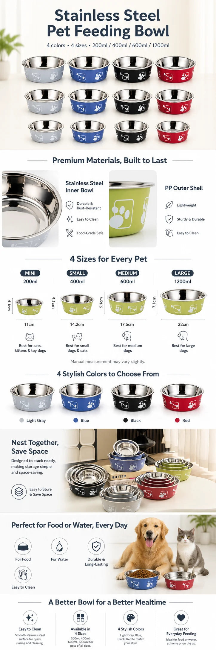 Stainless Steel Pet Bowl Thickened Anti Slip Dog Food Bowl Anti Knock Over Water Basin Pet Feeder for Cats Dogs