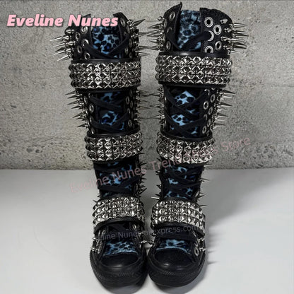 Blue Leopard Print Platform Knee High Boots Metal Spikes and Studs Decor Multi Strap Design Punk Goth Canvas Shoes 2026 Trend