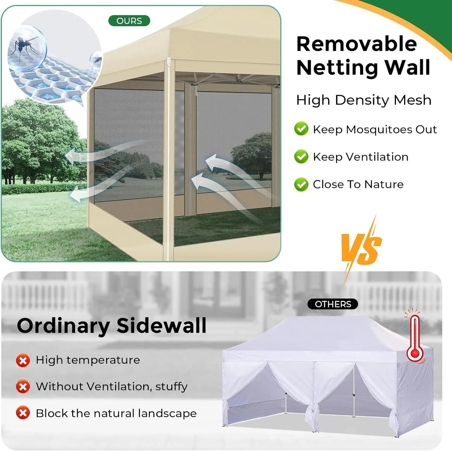 10x15 Pop Up Canopy with 4 Sidewalls, Heavy Duty Gazebo Tent, Mosquito Netting, Easy Setup, Khaki