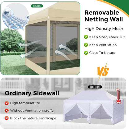 10x15 Pop Up Canopy with 4 Sidewalls, Heavy Duty Gazebo Tent, Mosquito Netting, Easy Setup, Khaki