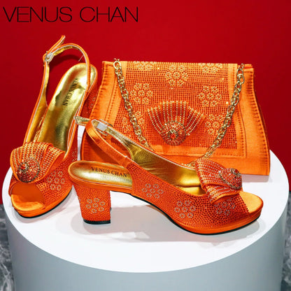 Mature Sweet Spot Good Arrival Peach Color Square Heels Peep Toe Shoes Matching Bag Set For Nigerian Women Wedding Party Pump