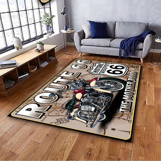 1 pcs 2D Flat Vintage Route 66 Motorcycle Map Flannel Area Rug Non Slip Retro Travel Carpet For Living Room Man Cave Decor