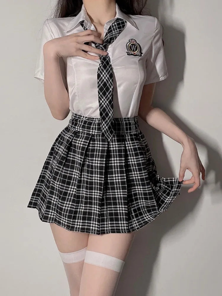 Hot Sailor Uniform Lingerie Sheer Mesh Crop Top Plaid Mini Skirt Cosplay Costume Erotic School Girl Outfit Halloween Fancy Dress