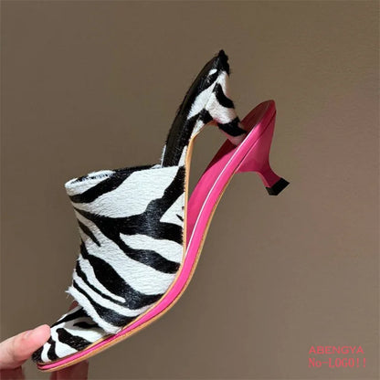 2025 Summer Leather High Heel Slippers Women Sandals Kitten Double Heels Mules Slides Designer Party Dress Shoes For Women